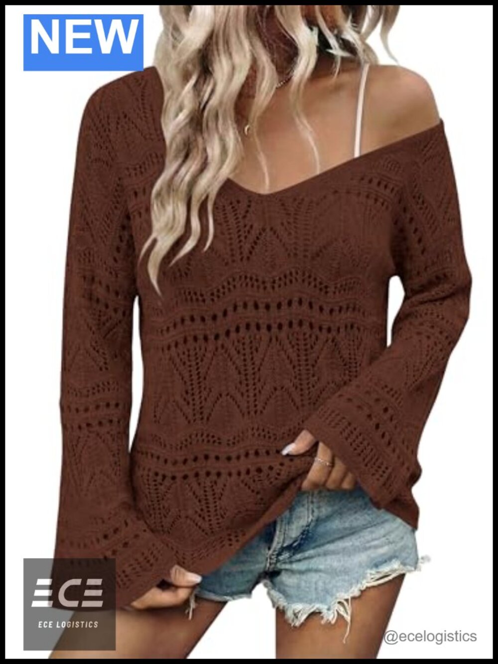 Women's Boho Off Shoulder Crochet Knit Sweater Top Flared Sleeve